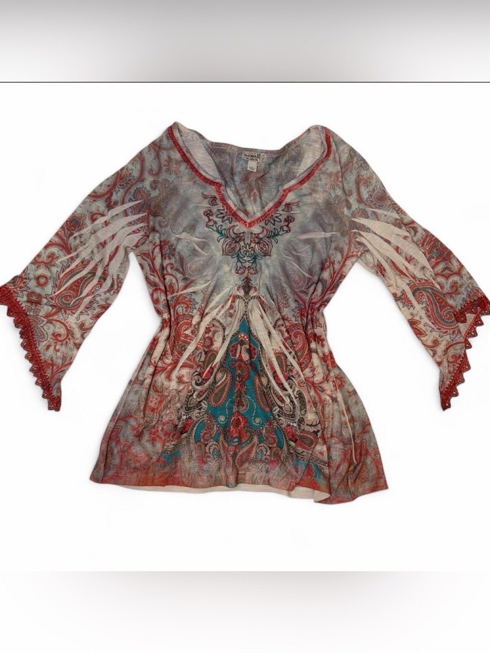 ONE WORLD V-Neck Paisley Tunic in Teal, Rust and Cream